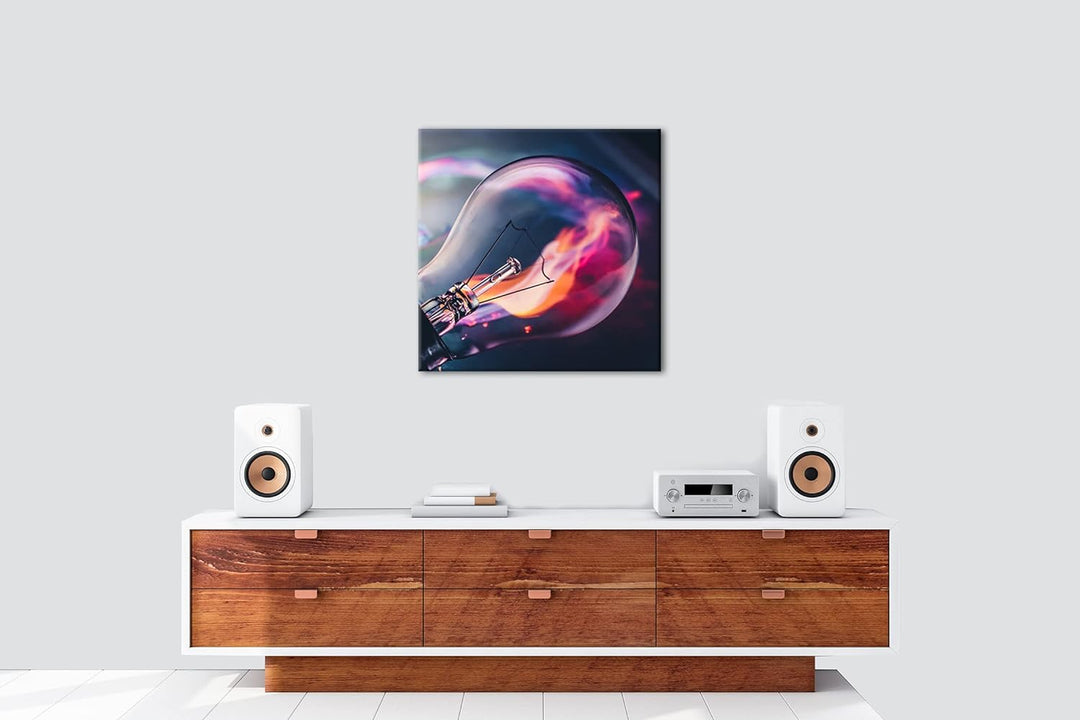 brennende Glühbirne Format: 70x70 als Leinwandbild, Motiv fertig gerahmt auf Echtholzrahmen, Hochwer