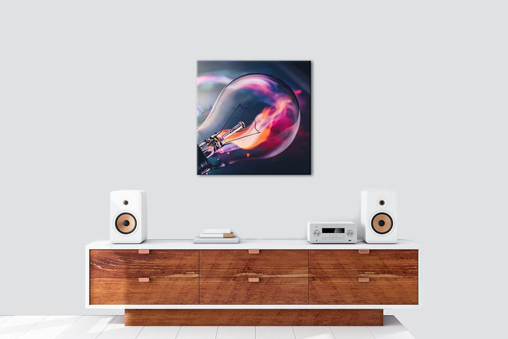 brennende Glühbirne Format: 70x70 als Leinwandbild, Motiv fertig gerahmt auf Echtholzrahmen, Hochwer