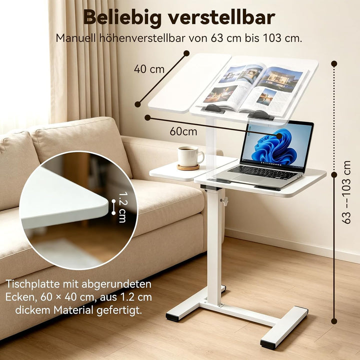 Beistelltisch mit Rollen, höhenverstellbarer Laptoptisch im C-Form Design, mobiler Sofatisch & Bettt