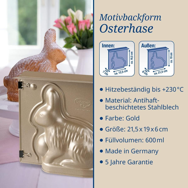 Dr. Oetker Backform Hase zu Ostern – 600 ml Füllvolumen – 3D Kuchenform in Gold mit Antihaftbeschich