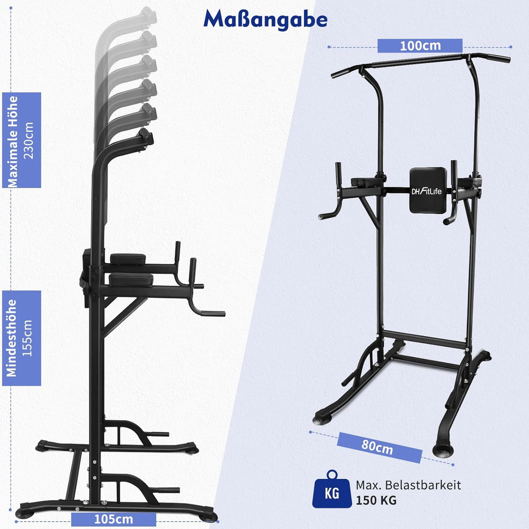 DH FitLife Power Tower Dip Station | Sport Geräte mit Klimmzugstange, Dip Barren u. Rückentrainer |