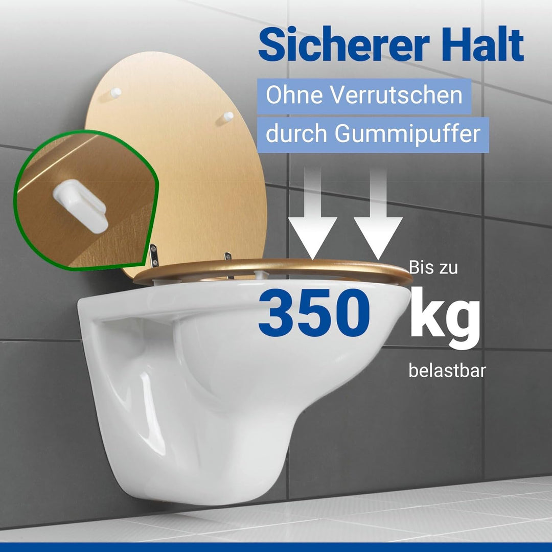 WENKO WC-Sitz Aldeno Gold matt, Toilettensitz aus MDF mit Edelstahl-Befestigung, foliert, dezente Ho