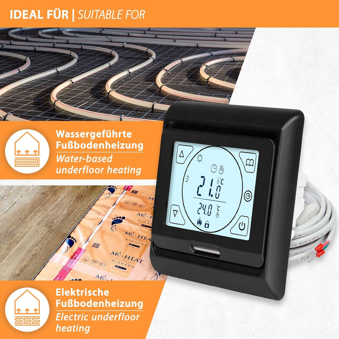 E91 Digital-Thermostat Raumregler mit Touch-Display und EXT. Sensor 10kOhm, für Fussbodenheizung ele