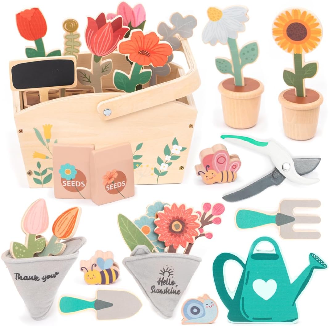 umu® Garten-Set aus Holz für Kinder mit Zubehör - Gartenspielzeug für Kinder, Gartengeräte-Set für M