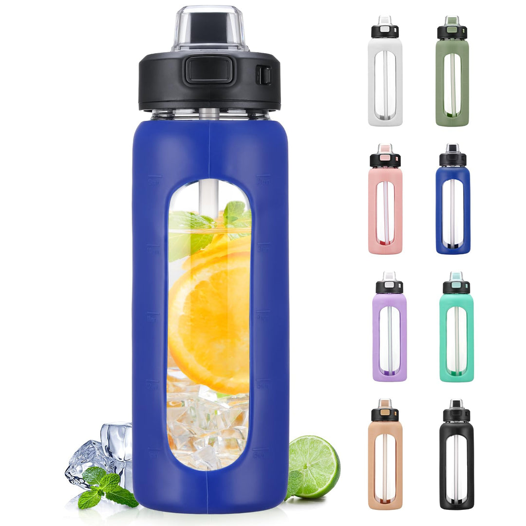 BLUEGO 700ml Trinkflasche Glas mit Strohhalm und Griff Auslaufsichere Wasserflasche mit Silikonhülle