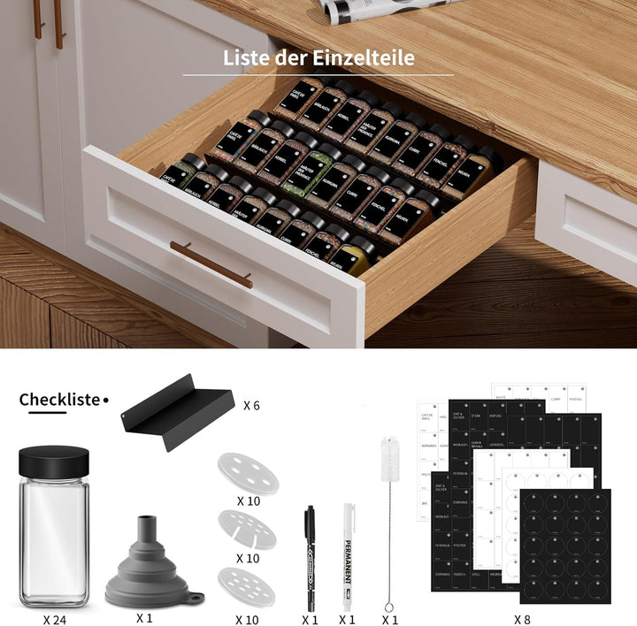 Miorkly Gewürzgläser mit Gewürzregal - 24 Eckige Gewürzdosen mit Etiketten (120ml) &amp; 6pcs Metall-Gew