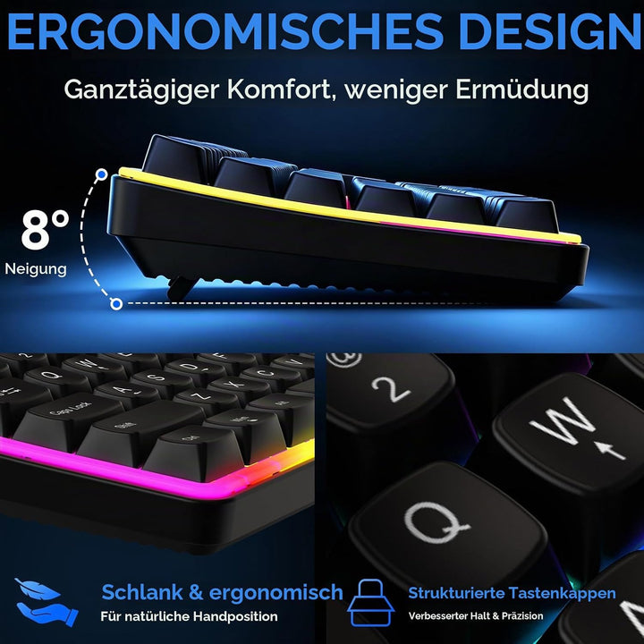 QWERTZ Kabelgebundenes Tastatur Maus Set, USB Full-Size Tastatur mit RGB LED Beleuchtung, leise Memb