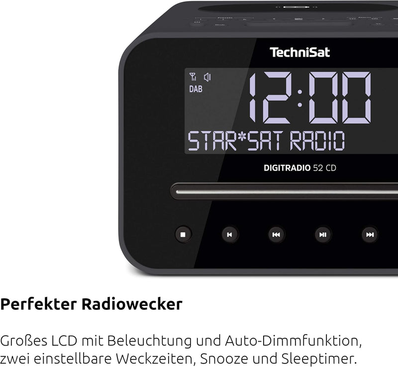 TechniSat DIGITRADIO 52 CD Stereo DAB Radiowecker mit zwei einstellbaren Weckzeiten (DAB+, UKW, Snoo