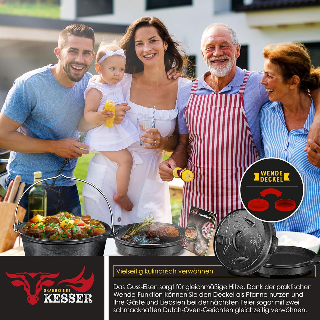 KESSER® Dutch Oven Set BBQ 9 Liter, Feuertopf Schmortopf mit Füssen, Gusseisen Topf mit Deckelheber