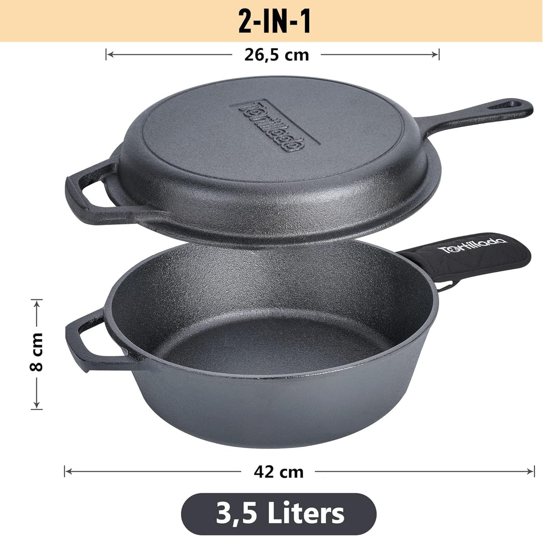 Tortillada - Gusseisen Topf zum Brot Backen | Dutch Oven (3.5 Liter) | 2 in 1 Combo Kocher | Beschic