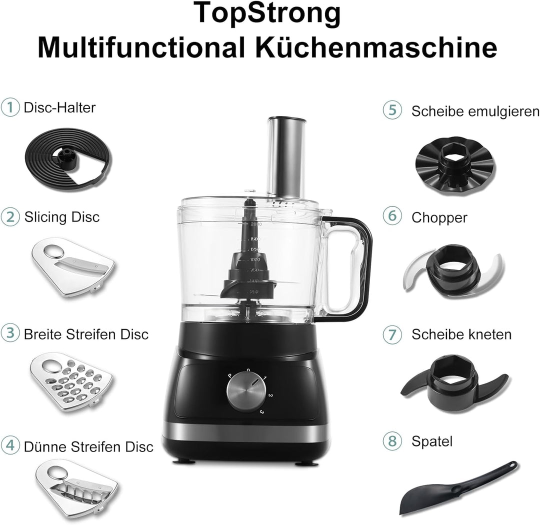 TopStrong Küchenmaschine, multifunktional, 800 W, 2 l, Küchenmaschine, 6-in-1-Haushaltsroboter, Lebe