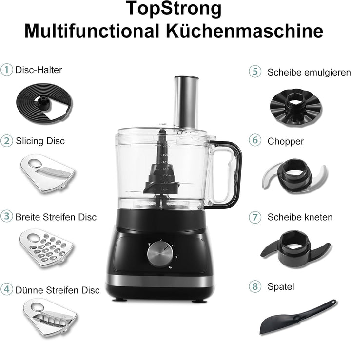 TopStrong Küchenmaschine, multifunktional, 800 W, 2 l, Küchenmaschine, 6-in-1-Haushaltsroboter, Lebe