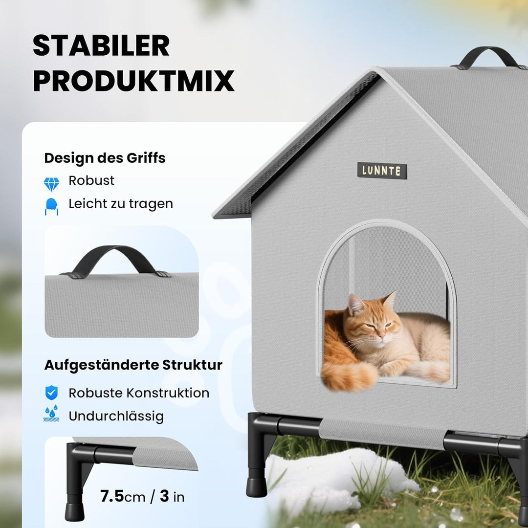 Outdoor Katzenhaus mit Erhöhten Design, Wasserdicht Katzenhaus für Draussen, Warm Hundehöhle mit Tür