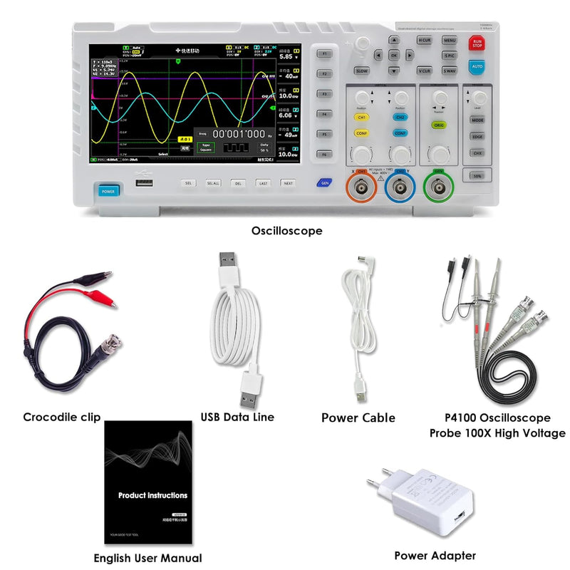 1014D Digitales Oszilloskop 2 Kanäle, 7" Oscilloscope 100Mhz Bandbreite mit DDS Signalgenerator, 1GS