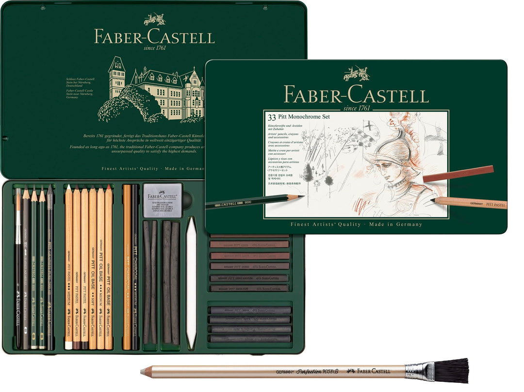 Faber-Castell 112975 - Pitt Monochrome Set im Metalletui, klein, 12-teilig (gross mit Pinselradierer