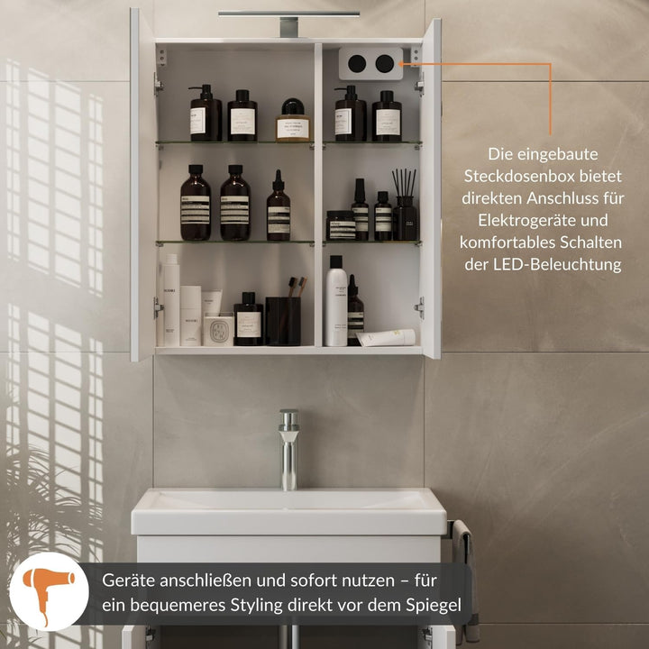 Planetmöbel Spiegelschrank Badezimmer 60cm Weiss, Badezimmerschrank mit Spiegel und LED Beleuchtung,