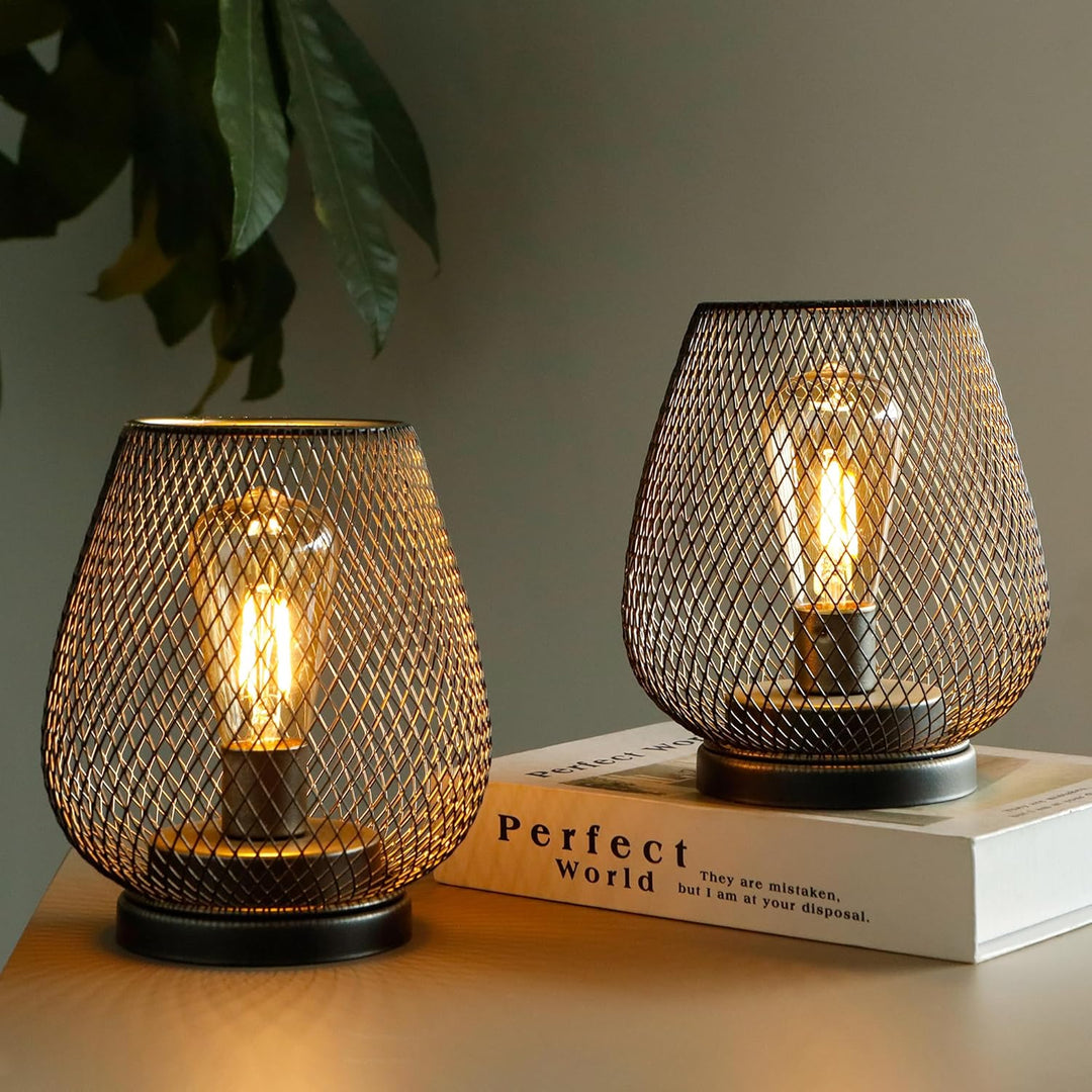 TRIROCKS Set von 2 Metall Batteriebetriebene Lampe 17cm hohe Metallkäfigform Kabellose Tischlampe Ba