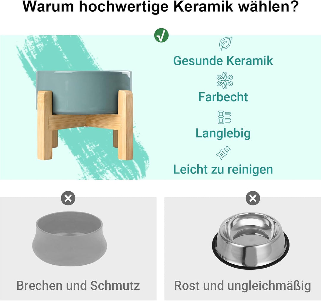 SPUNKYJUNKY Hundenapf Keramik Erhöhter Futternapf Set mit Bambus Ständer für Katzen und Hunde (1800m