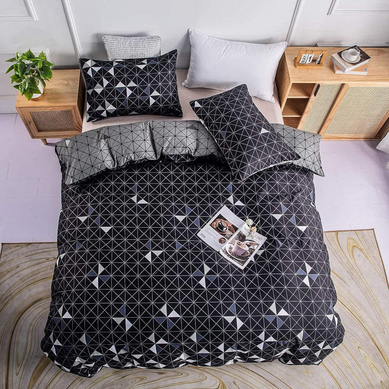 Luofanfei Bettwäsche Kariert 220x240 cm Dreiecke Bettbezug Set Schwarz Weiss Anthrazit Bettdeckenbez