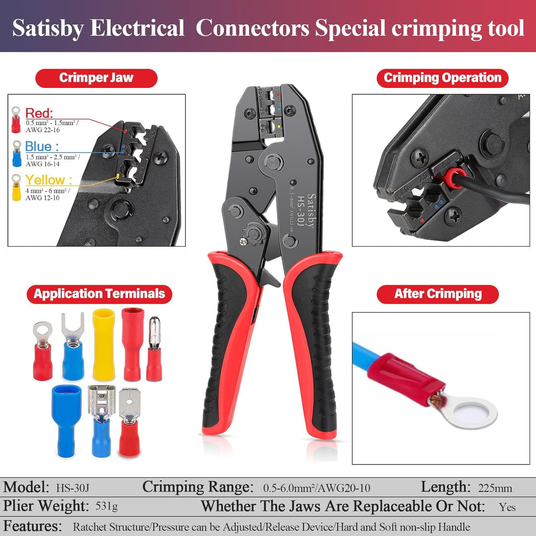 Crimpzange Kabelschuhe Set-Kabelschuhzange für 0,50-6,00 mm² Kabelhülsen 17 Typen 300Stück isolierte