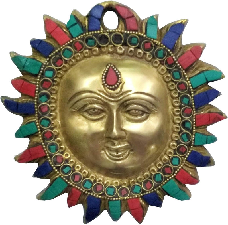 Purpledip Brass Idol Sun God Surya Dev: Wall Hanging with Colorful Gemstones (11447)