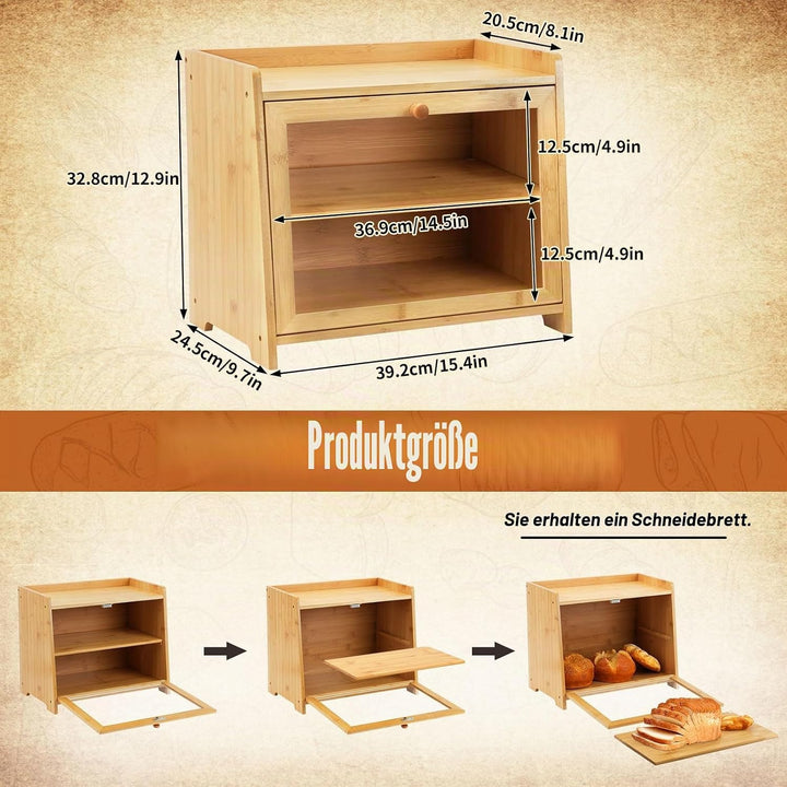2 Etagen Bambus Brotkasten, Gross, Brotbox, Doppelstöckig Mit Sichtfenster, Belüftung, Seitlichen Gr