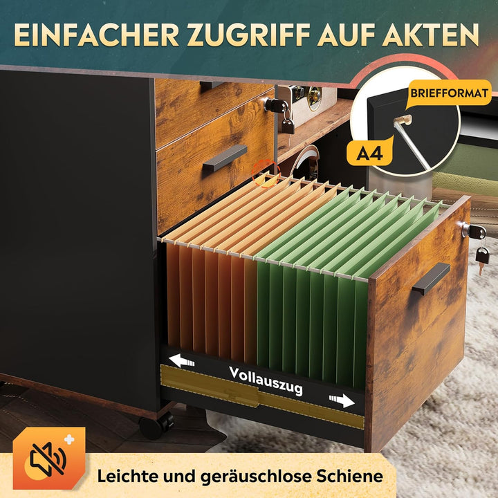 DEVAISE Rollcontainer mit 3 Schubladen und offenen Ablagen, Mobiler Aktenschrank mit Rollen, Drucker