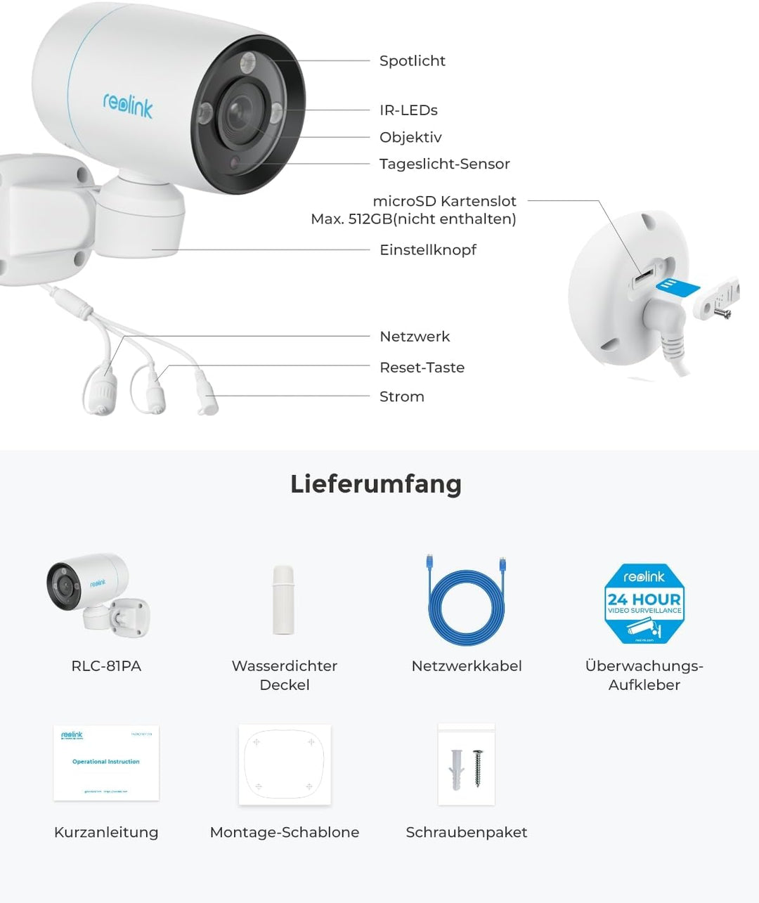 Reolink 4K PoE Überwachungskamera Aussen mit 180° Pan, Spotlight, Farbnachtsicht, Auto-Tracking, Sma