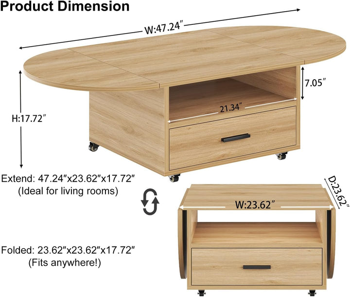 IBF Couchtisch Holz mit Stauraum Oval Klappbarer Couchtisch Wohnzimmer Tisch mit Schublade Mitteltis