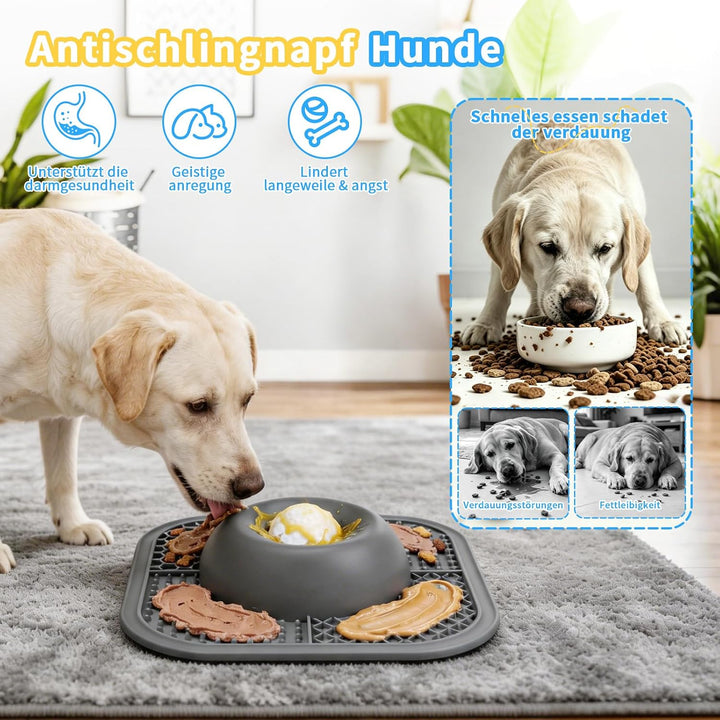 2-in-1 Langsamfressnapf Schleckmatte Hund, rutschfeste Schleckschale mit Saugnäpfen, interaktiver Sc