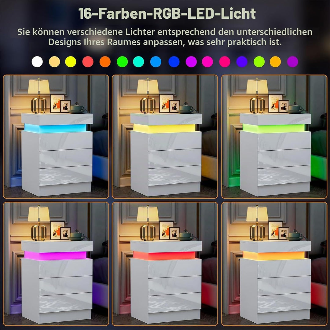 PIPIPOXER Nachttisch Weiss mit LED, Hochglanz Nachtschrank mit 3 Schubladen und Versteckte Obere Sch