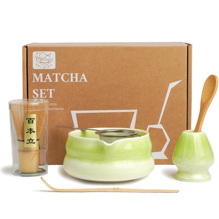 Premium Matcha Set 6-teilig – Exklusives Matcha Tee Set mit Bambus-Chasen (Besen), Grün Keramik-Scha