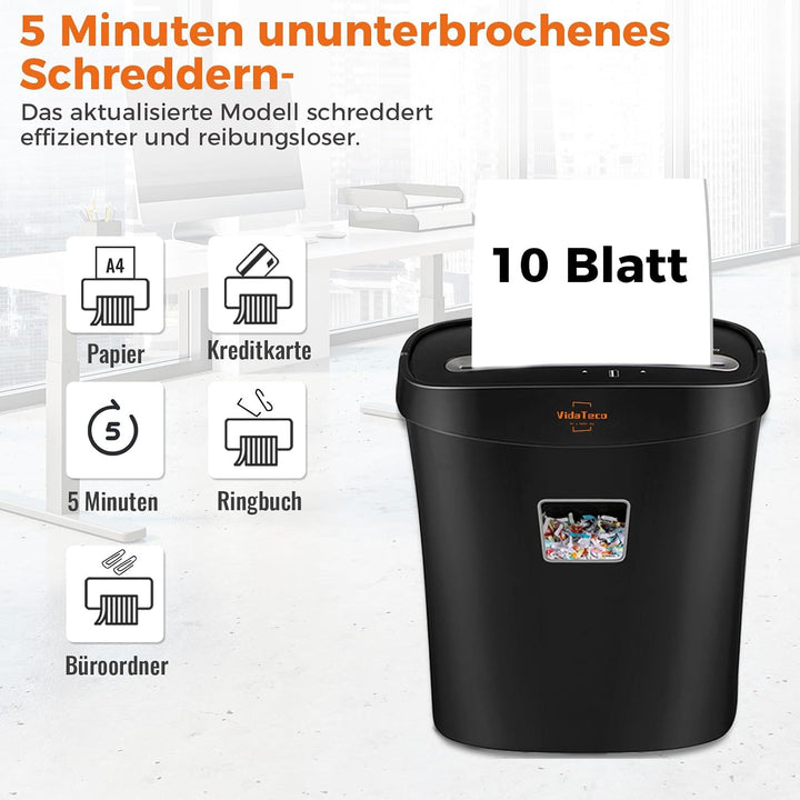 Schredder, 10 Blatt Mikro-Cut (P-4) Aktenvernichter, VidaTeco Partikelschnitt Papierschredder für Pa