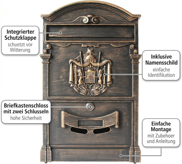 Mucola Briefkasten Wandbriefkasten Antik mit Zeitungsfach abschliessbar Gold | Aluguss-Front mit 3D-