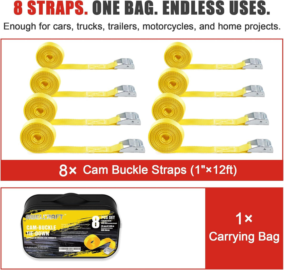 AWELCRAFT 8 Stück Zurrgurte mit Cam-Schnalle – 2,5 cm x 3,6 m, 272 kg Bruchfestigkeit, Gelb mit Trag