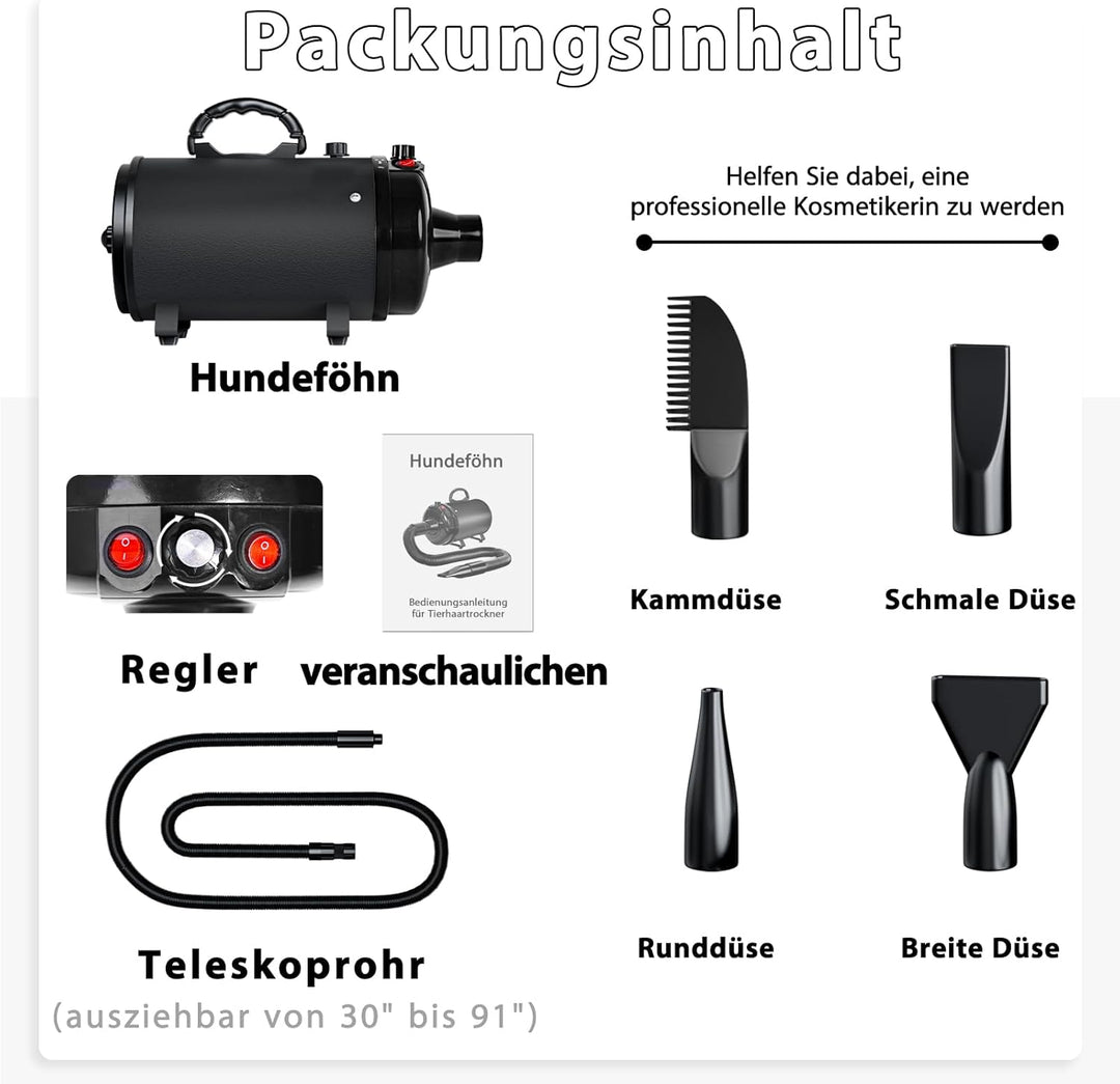 Hundefön Blower Sehr Leise 3000W Einstellbare Geschwindigkeit, Hundepflege-Trockner-Gebläse mit 4 ve