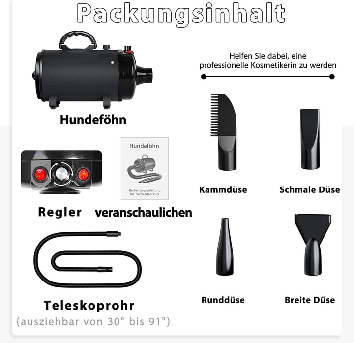 Hundefön Blower Sehr Leise 3000W Einstellbare Geschwindigkeit, Hundepflege-Trockner-Gebläse mit 4 ve