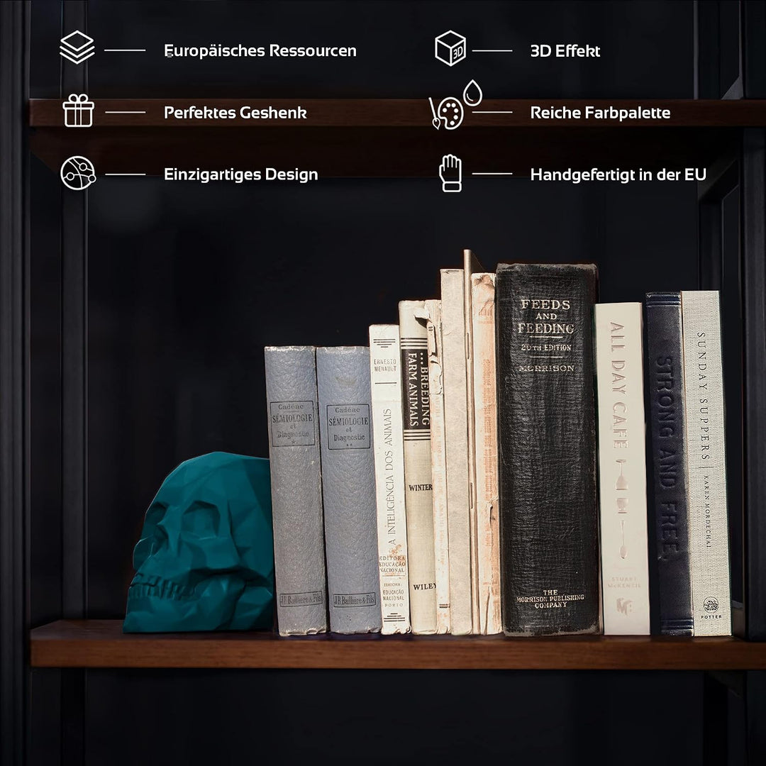 concrette Buchstütze Skull Low-Poly Totenkopf aus architektonischem Beton - Stütze für Bücherregal B