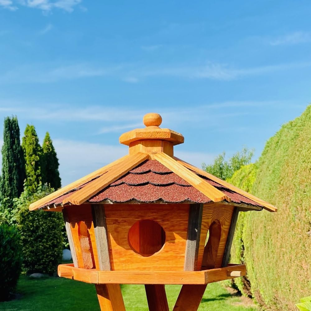 Vogel Futter Haus L oder XL Sechseck Holz Vogelhaus Futterstelle Braun/Blau, Rot, Schwarz und Grün (