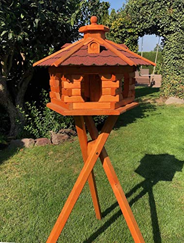 Sechseck-Vogelhaus XL, Holz-Futterhäuschen Mit Ständer In Rot-Braun Grösse XL mit Ständer Rot - Brau