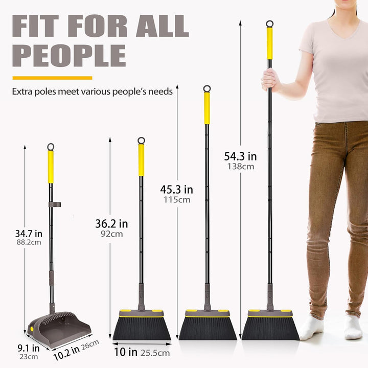 JEHONN Besen und Kehrschaufel Set mit Langem Stiel 138CM, 180 Grad Drehen Kehrbesen, Öffnende Schauf