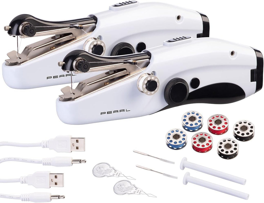 PEARL Kompaktnähmaschine: 2er-Set Mini-USB-Handnähmaschinen, USB- & Batterie-Betrieb (Taschennähmasc