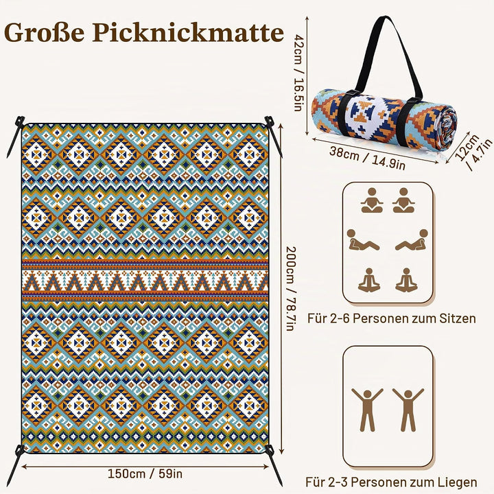 Gucass Boho Picknickdecke 150x200cm, Wasserdicht Stranddecke Sandfrei Strandmatte mit Tragegurt &amp; 4X