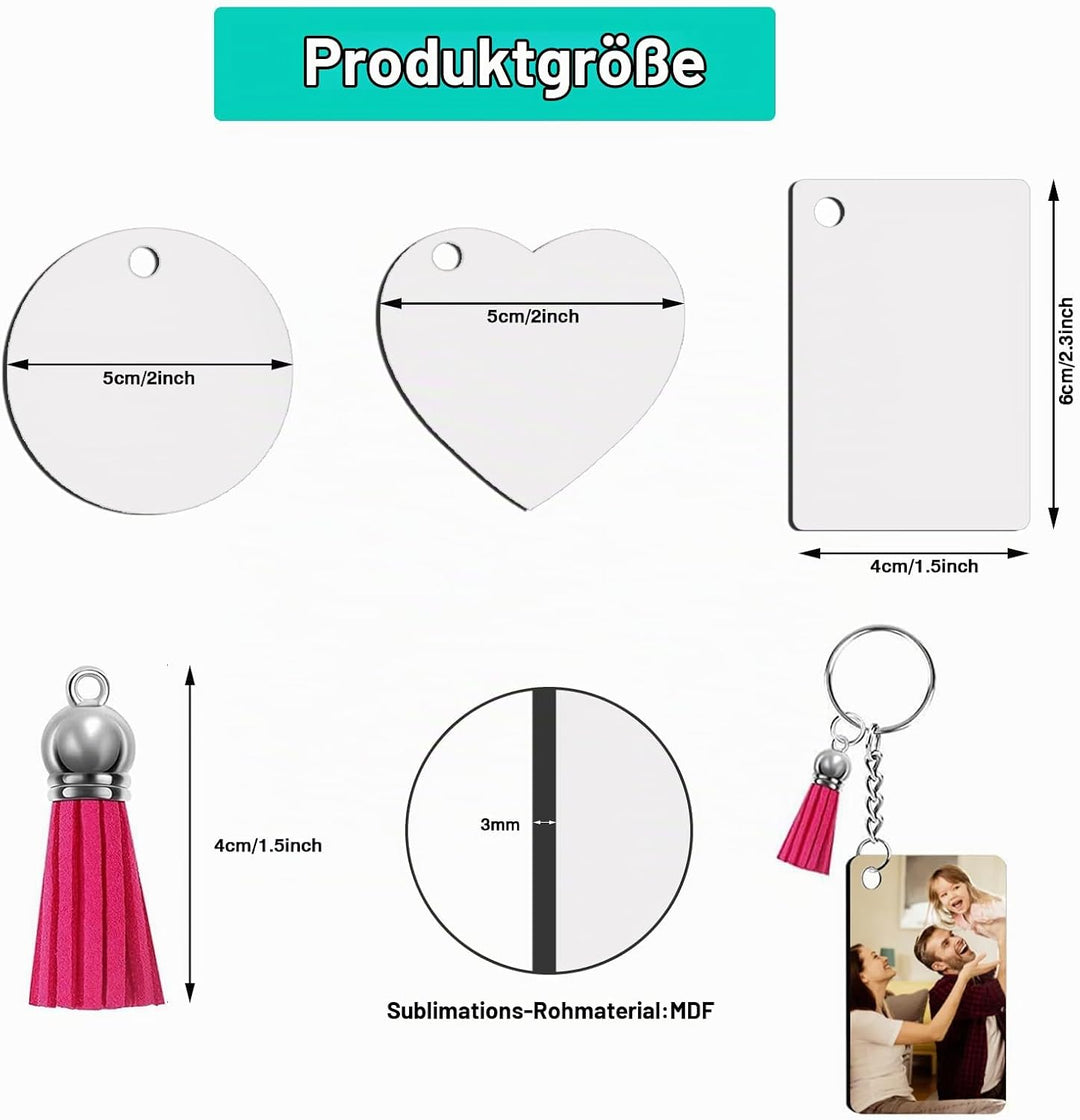 120 Stück Sublimation Schlüsselanhänger Rohlinge Set mit Wärmeübertragungs MDF Blanko 3 Formen, Quas