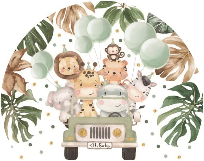 Renaiss 1.8m Dschungel-Safari-Tiere Runde Kulisse Grünes Auto Luftballons Blätter Baby Dusche Fotogr