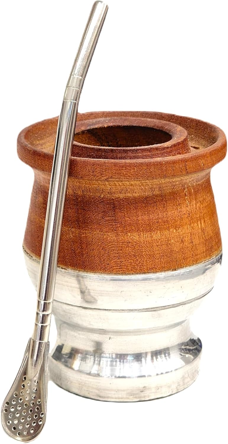 Mate für Yerba Mate Argentino, Mattes Johannisbrotholz und Edelstahl, matter Kürbis mit Glühbirne, m