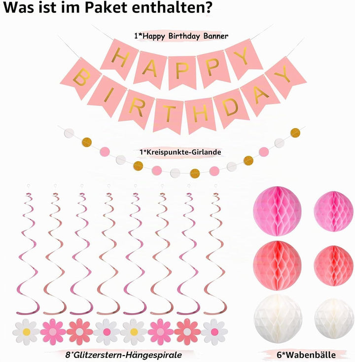 Rosa Dekorationen, Rosa Happy Birthday Banner mit Wabenball, Gänseblümchen Blume Hanging Swirl Strea