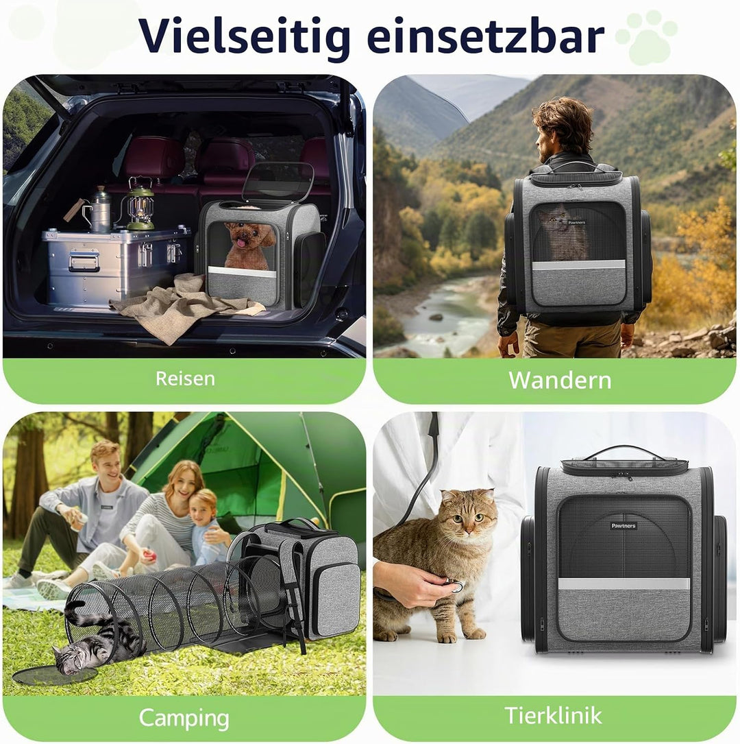Pawtners Katzentragerrucksäcke mit erweiterbarem Katzenspieltunnel, von Fluggesellschaften zugelasse