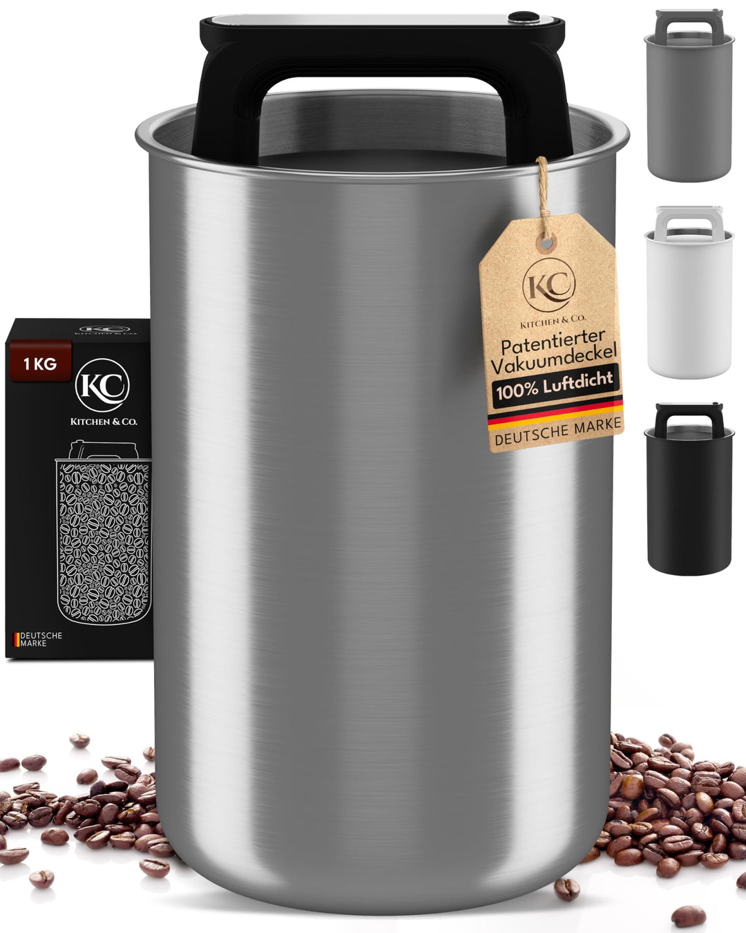 KC Kitchen & Co. Kaffeedose luftdicht für 1 kg Kaffeebohnen – Edelstahl Vorratsdose mit Vakuumdeckel