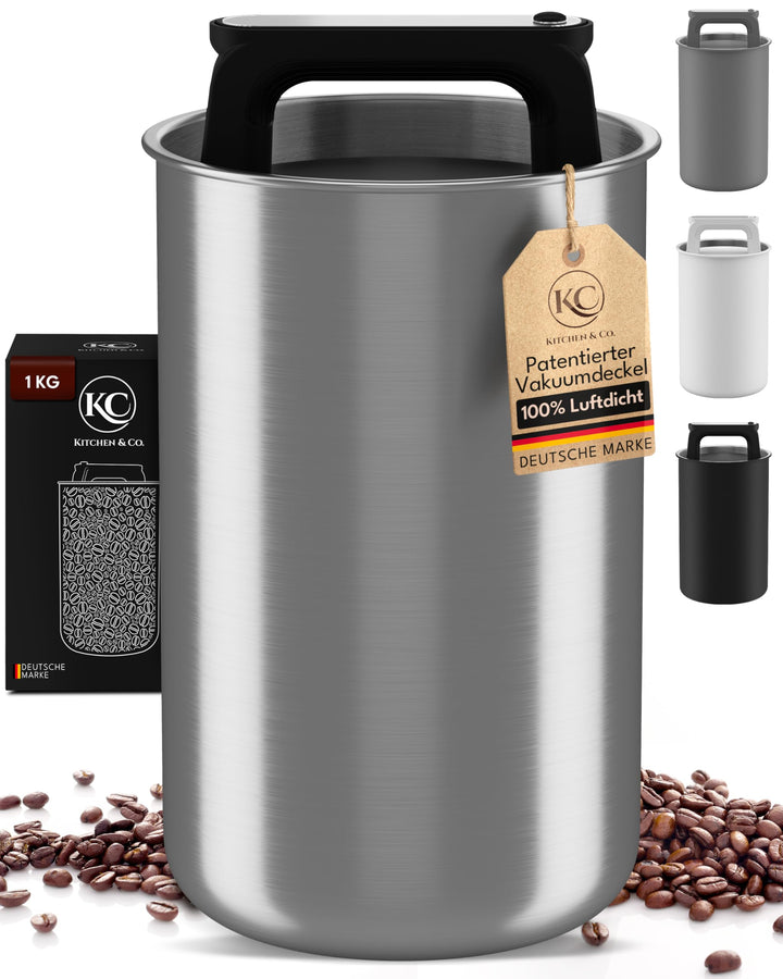 KC Kitchen & Co. Kaffeedose luftdicht für 1 kg Kaffeebohnen – Edelstahl Vorratsdose mit Vakuumdeckel